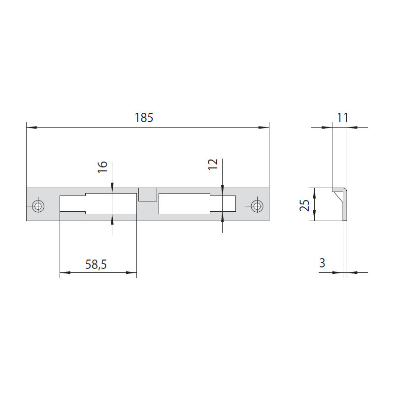 Кутова реверсивна відповідна планка CISA для замків 12010/12011, латунь, 185×25×3 мм, виступ 11 мм