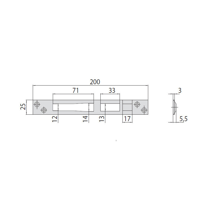 Плоска відповідна планка CISA з нержавіючої сталі 200×25×3 мм, виступ 5,5 мм, для замка 16215