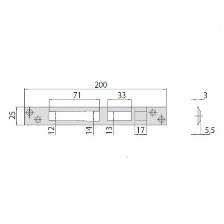 Плоска відповідна планка CISA з нержавіючої сталі 200×25×3 мм, виступ 5,5 мм, для замка 16215