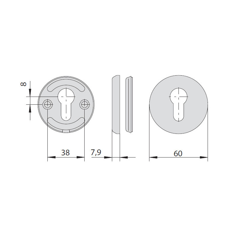 Внутрішня кругла накладка CISA під євроциліндр, Ø60×7,9 мм; сумісна з броненакладками 06460, 06461, 06480, 06485