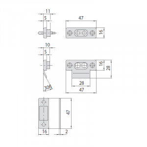 Пара нейлонових контактів CISA зі шпателями-прокладками 2 мм; габарити блоку 47×16 мм, виріз 28 мм, фаска 30°