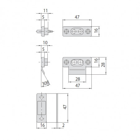Пара нейлонових контактів CISA зі шпателями-прокладками 2 мм; габарити блоку 47×16 мм, виріз 28 мм, фаска 30°