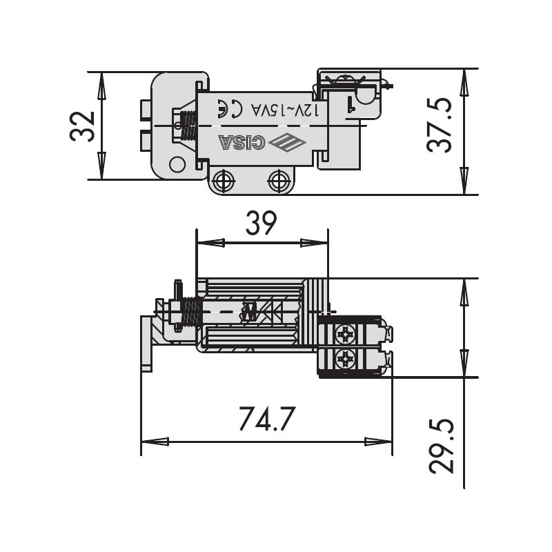Група котушок CISA 12 В змінного струму для електрозамків серії 1A731; габарити блоку 74,7×39×29,5 мм