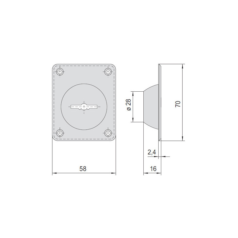 Зовнішня розетка CISA з виступаючою «чашею» Ø28; розміри планки 70×58 мм, винос ~24 мм