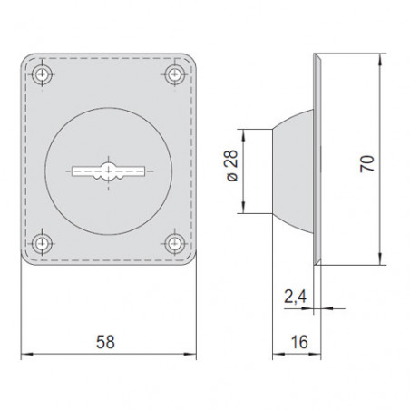 Зовнішня розетка CISA з виступаючою «чашею» Ø28; розміри планки 70×58 мм, винос ~24 мм