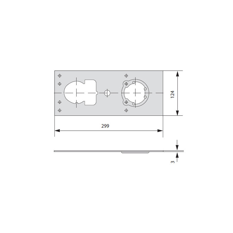 Плита під зварювання 299×124×3 мм з отворами під циліндр/накладку; для захисних накладок CISA серії 06485