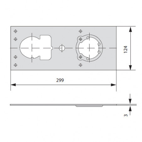 Плита під зварювання 299×124×3 мм з отворами під циліндр/накладку; для захисних накладок CISA серії 06485
