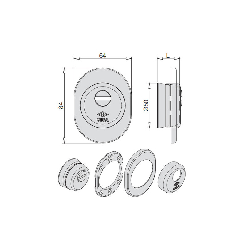 Конічна броненакладка CISA 84×64 мм, отвір Ø50, товщина L 25 мм; корпус з карбонітрованої сталі