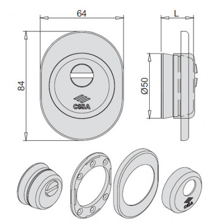 Конічна броненакладка CISA 84×64 мм, отвір Ø50, товщина L 25 мм; корпус з карбонітрованої сталі