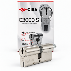 Циліндр CISA C3000 S 0N3S2.18.0.12.00, 80 мм (40×40), ключ–шток, хром, на тлі фірмової коробки (під поворотник CISA 06355)